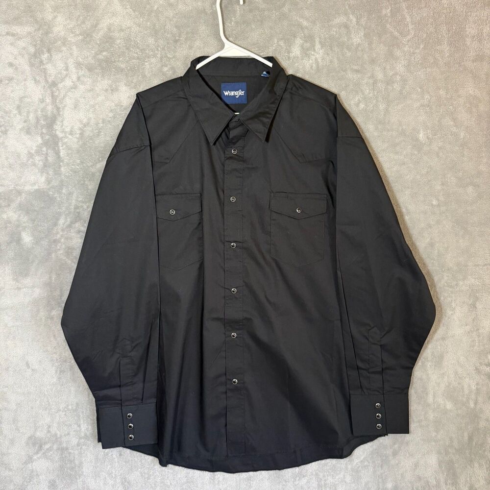 Wrangler Shirt Men 2XL Solid Black Western Pearl Snap Long Sleeve Johnny Cash